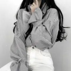 新品⭐︎レディース シャツ 長袖 ストライプ 前開き ブラック L