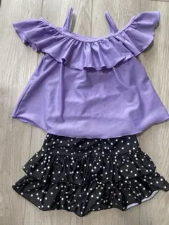 紫フリルトップス水玉スカート水着 120cm