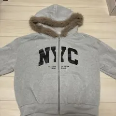 NYCファー付き ジップアップパーカー グレー裏起毛　フード付きアウタージャージ