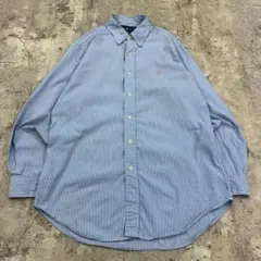 ラルフローレン　ストライプ　ポニー　刺繍　長袖シャツ　古着　ライトブルー　M
