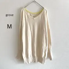 grove ニット 長袖 Vネック アイボリー M 綺麗め チュニック丈 配色のサムネイル