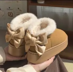 後ろリボンが可愛いふわもこ防寒厚底ブーツ 24.０〜24.5cm キャメル