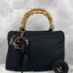 極美品 オールドグッチ レザー キャンバス 2way ショルダーバッグ バンブー