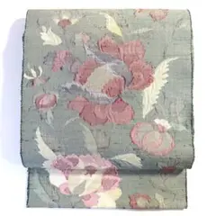 6k587 名古屋帯　絹　紬　緑　赤　ピンク　青　花柄　和装　着物