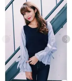 rienda ギャザーシャツSLVコンビニットトップス 美品 ネイビー FREE