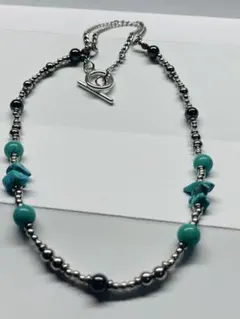 ターコイズ ビーズネックレス シルバー アメカジ　Y2K ハンドメイド