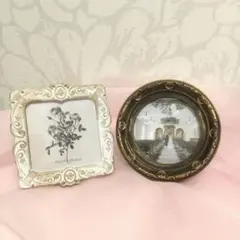 フォトフレーム　ホワイトゴールド 四角形と円形　2個セット、写真たて　フレーム