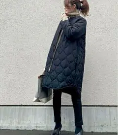 Emma taylorネイビー キルティングロングジャケット フード付き