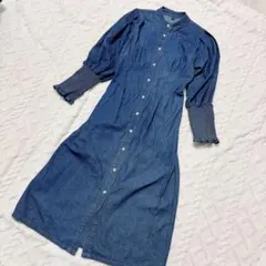 La-gemme デニムロングワンピース パフスリーブ シャーリング袖 前ボタン