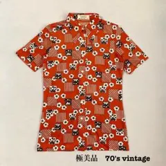 【極美品】70s レナウン 昭和レトロ 総柄 開襟シャツ ブラウス オレンジ 9のサムネイル