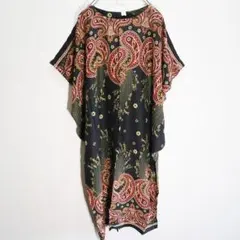 変形オーバーサイズアジアンワンピース　フラワーペーズリー　黒　No.014447