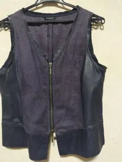 BISTY 紺色革と麻のベスト#ジレ 上下オープンファスナー開き