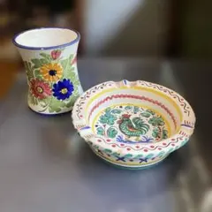 イタリア製　ハンドペイント　陶器工芸品　灰皿　フラワーベース