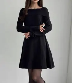 ♡ CENEA オフショル風スクエアネック ミニニットワンピ Lサイズ ブラック
