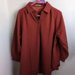 レンガ色 長袖スタンドカラーシャツ