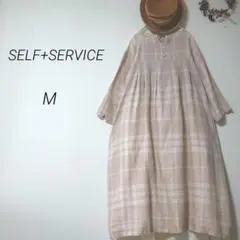セルフサービス【美品】麻100%前後2WAY チェック ワンピース Mナチュラルのサムネイル