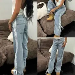 ライトブルー デニム ジーンズ サイドストライプ