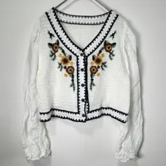 花柄刺繍 ホワイト カーディガン 丈短め 羽織り レアデザイン フラワー/F