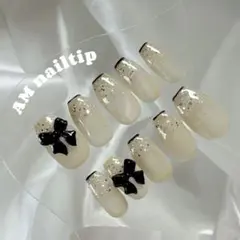 ｛ショートバレリーナ〕うるうる リボンフレンチネイルチップ