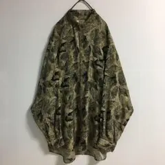 레트로 古着 ボタニカル アート 総柄 バンドカラー ポリシャツ 長袖 メンズ
