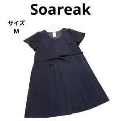 ソアリーク ひざ丈半袖ワンピース 濃紺 M Aライン ウエストリボン 上品のサムネイル
