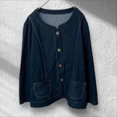 【ロブジェ】LOBJIE✨良品✨ノーカラーデニムジャケット ステッチ 前開き L