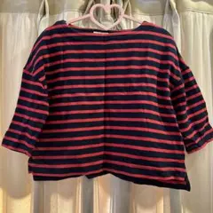 earth music&ecology 五分袖Tシャツ ネイビー赤ストライプ