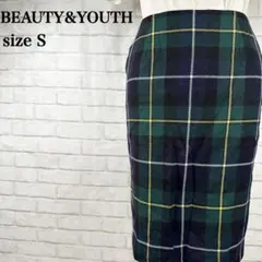 【美品】ビューティ＆ユース ウール100% チェック タイトスカート 日本製 S