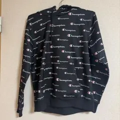 Champion 総柄 ロゴ パーカー ブラック M