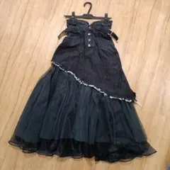 デニムとチュールのフレアスカート ブラック