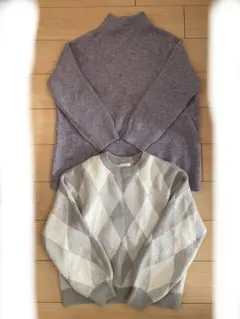 GU ラベンダー　Honeys グレー　白　チェック　ニット　ゆったりSサイズ