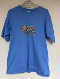 インド製　刺繍の象デザイン青Tシャツ