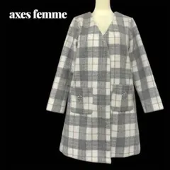 【axes femme】ノーカラー　コート　チェック柄　ビジュー　コーディガン