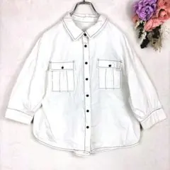 しまむら　Gleful　五分袖シャツ　バックスタイル　パイピングステッチ　白