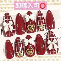 ネイルチップ現品オーダー量産型フレンチガーリースナ系ワンホンチェック白赤リボン