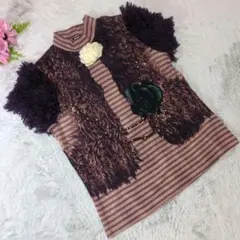 ✨Crane Gentil フリース袖 モチーフ•ビーズ　付き半袖ニットトップス