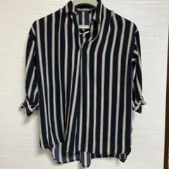 ネイビー ストライプ 五分袖シャツ Lサイズ