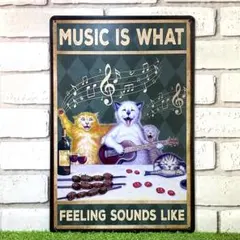 672番】猫 ミュージック ギター 楽器 ネコ Cat 猫カフェ ブリキ看板