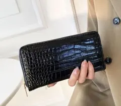 黒　クロコダイル風　長財布 型押し ラウンド型 メンズ レディース　ユニセックス