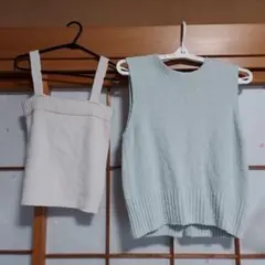 Denifits ミントグリーン ノースリーブ &ホワイトオフショルダーニット