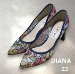 ダイアナ　絵画シリーズ　葛飾北斎　花柄レース　パンプス　 チャンキーヒール　23