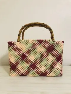 チェック柄かごバッグ 竹製持ち手