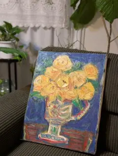 青い花瓶とカラフルな花 油絵 1996年 - メルカリ