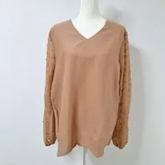 バルーンスリーブ ブラウス ベージュ Vネック ドット シフォントップ 【XL】