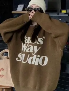 オーバーサイズニット 長袖セーター ブラウン Lサイズ