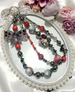 ハンドメイド 赤黒系 スマホストラップ