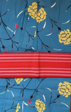 【浴衣・帯セット】モダン ターコイズ 大輪花柄 赤い正絹博多織半幅帯 昭和レトロ