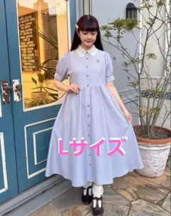 【新品　L】しまむら 青木美沙子★バラレース襟ストライプシャツワンピース　ブルーのサムネイル