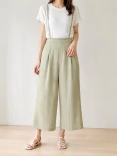 Discoat 麻調ポリエステル素材　サスペンダー付きパンツ ライトグリーン Lのサムネイル