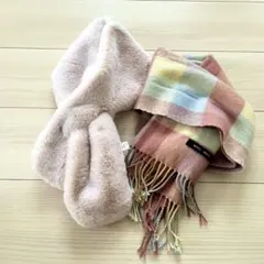 レディース　ベージュファー　チェックマフラー　2点セット　ストール